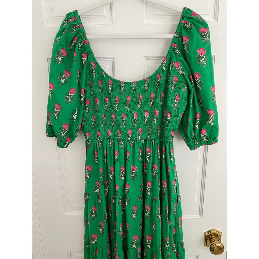PINK CITY PRINTS Tuckernuck Parakeet Blossom Angelina Midi Smocked Dress Green M - Picture 6 of 9